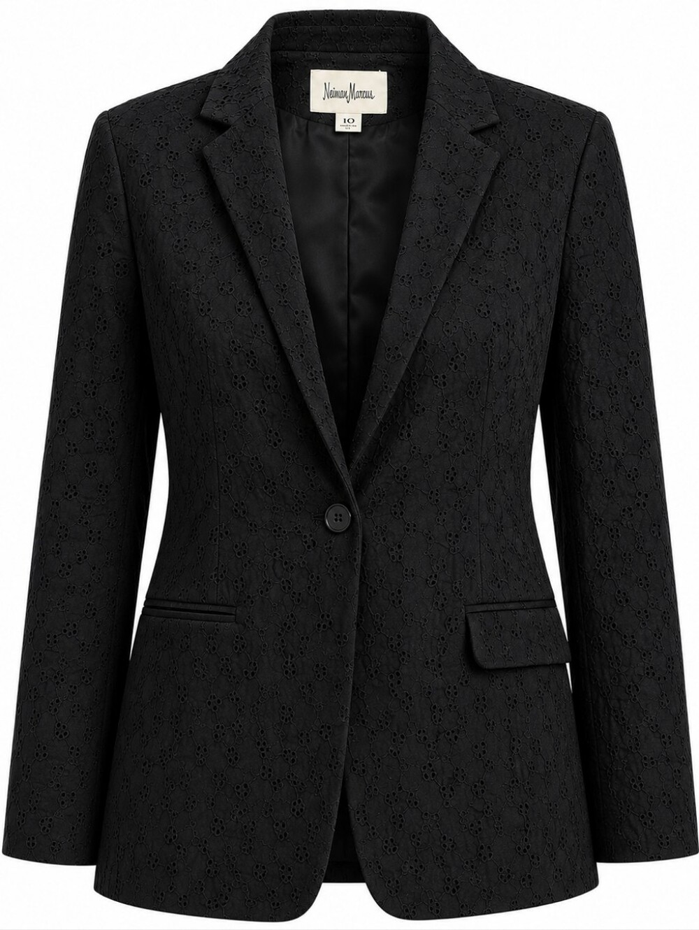 NEIMAN MARCUS | Black Cotton Eyelet Lace Single Button Blazer Jacket |‎ 10